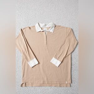 Aerie Beige Long Sleeve Polo with White Collar & Cuffs